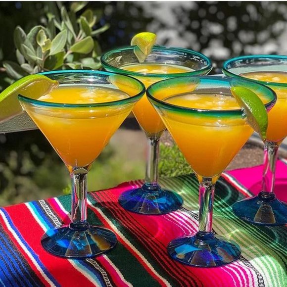 COPY New Hand Blown Martini Style Margarita Set of 2 Glasses Aqua Rim - Picture 1 of 7